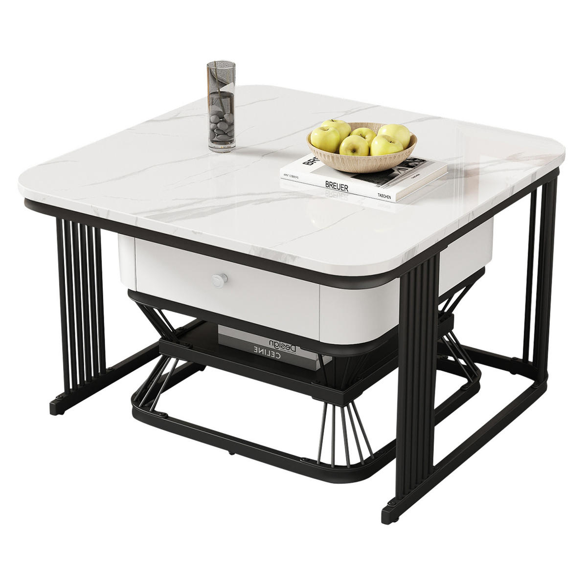 KLUBSKA miza, komplet 2 kosov, 70/70/45 + 50/50/40 cm, MDF/kov bela/črna, z 1 predalom - bela, steklo (70/70/45cm) - BEAOK