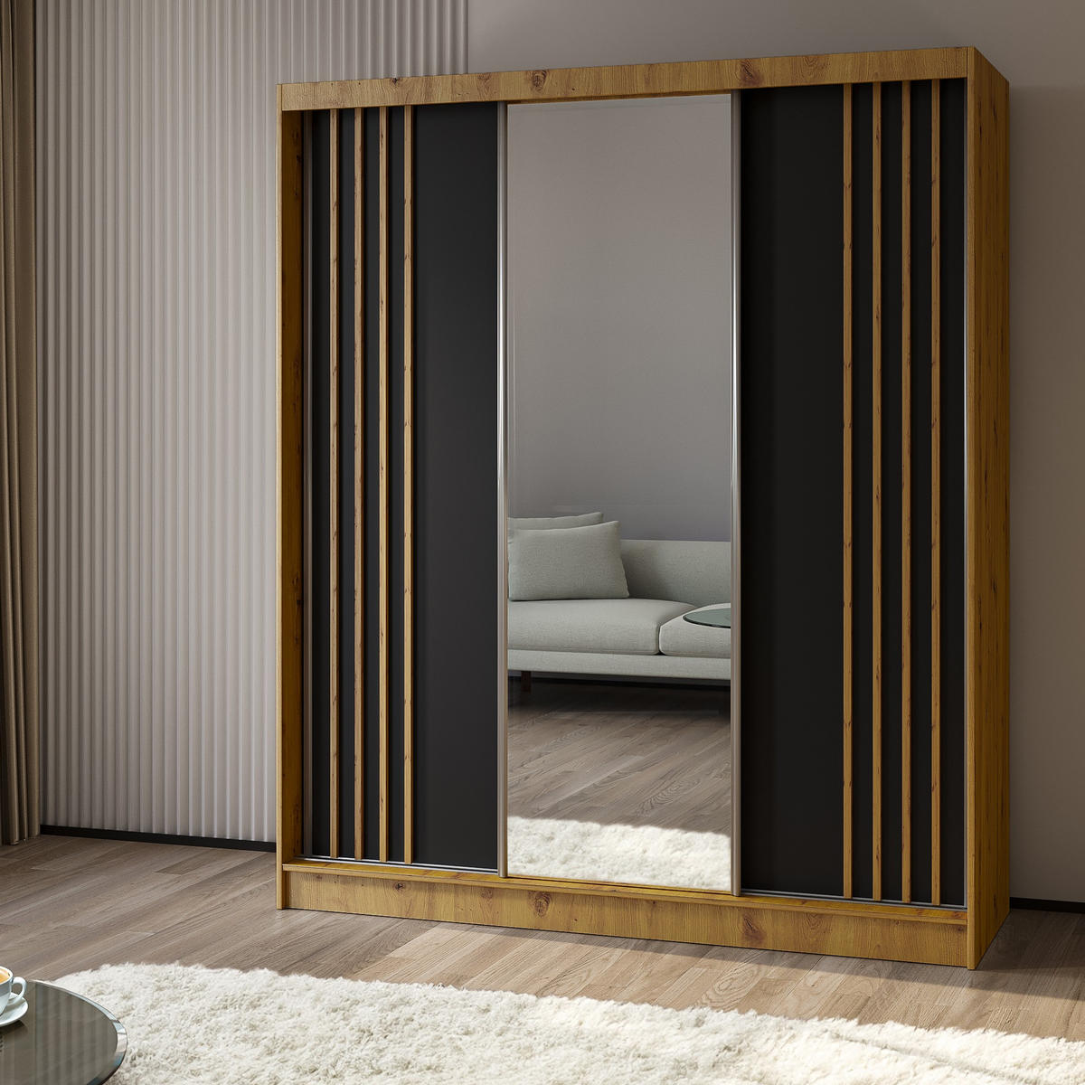 SCHWEBETÜRENSCHRANK NELVIA 180/216/61 cm 3-türig mit Spiegel Eiche Artisan - Schwarz/Eiche Artisan, Holzwerkstoff (180/216/61cm) - MASSENO