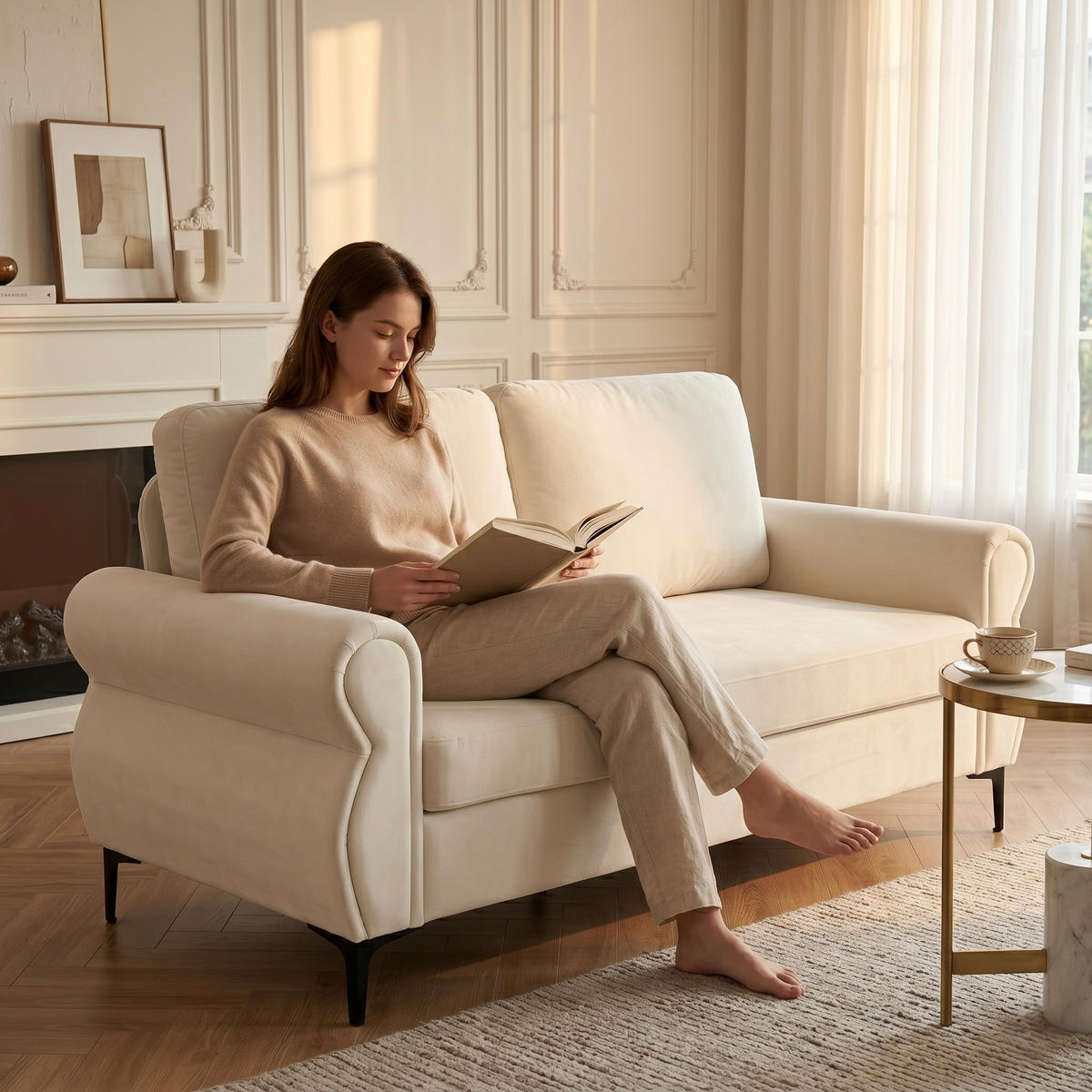 2-SITZER SOFA Polyester Cremeweiß mit Metallfüßen - Creme, Holzwerkstoff/Textil (173.5/92/81cm) - WISHDOR