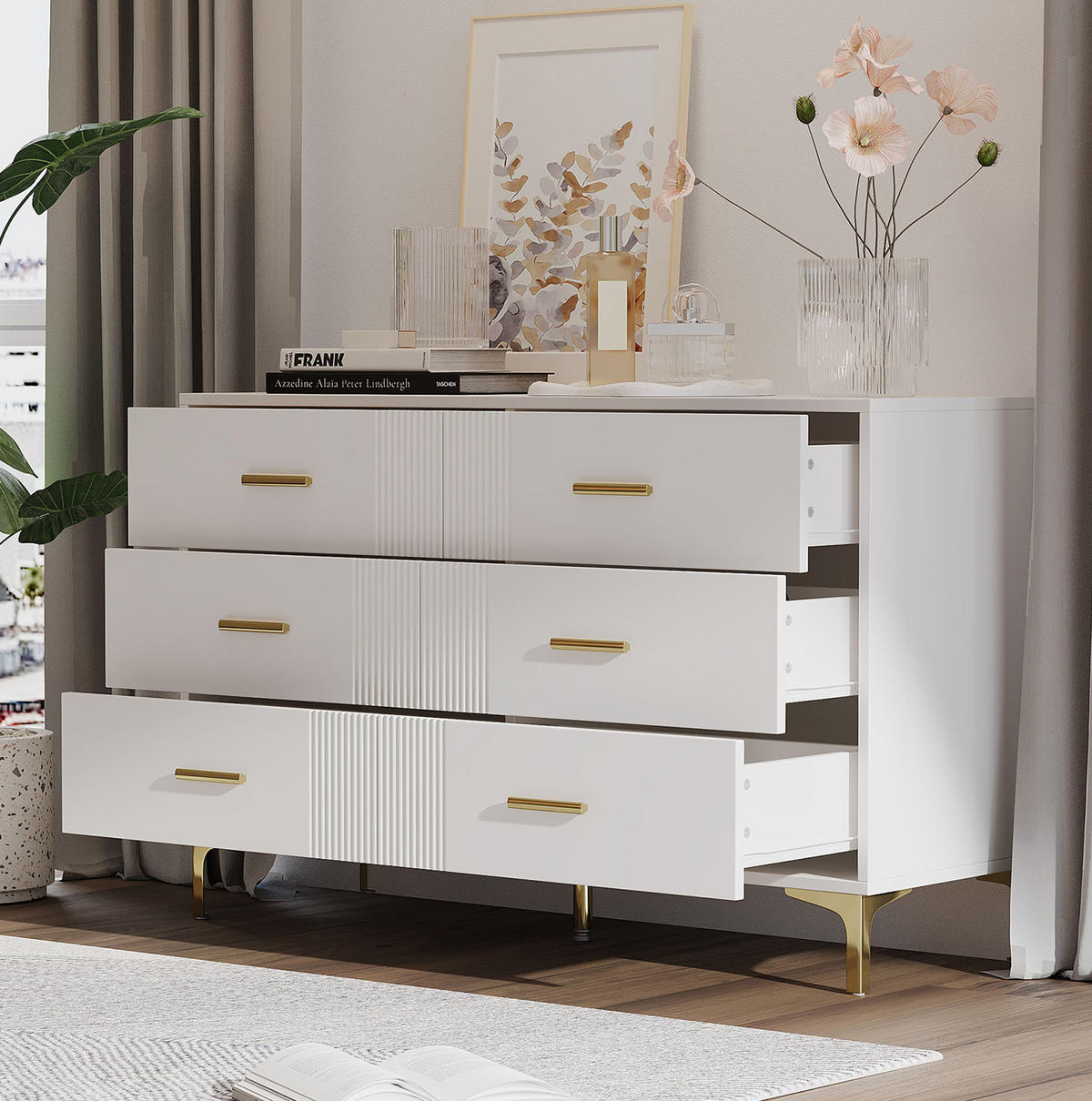 KOMODA z MDF 120x76x40 cm bílá se 6 zásuvkami a vlnitým čelem - bílá, kompozitní dřevo (120/76/40cm) - Modfu