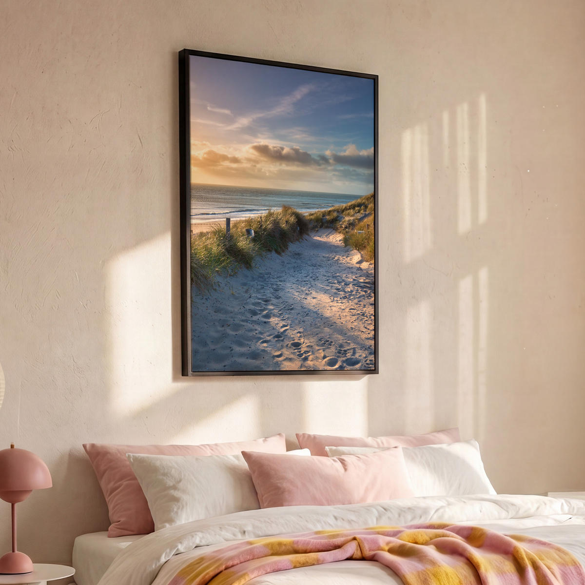 LEINWAND Bilder mit Rahmen - Sonnenuntergang - Strand - Düne - Gras - Ufer - 80x120 - Sandfarben, Textil (80/120cm) - MuchoWow