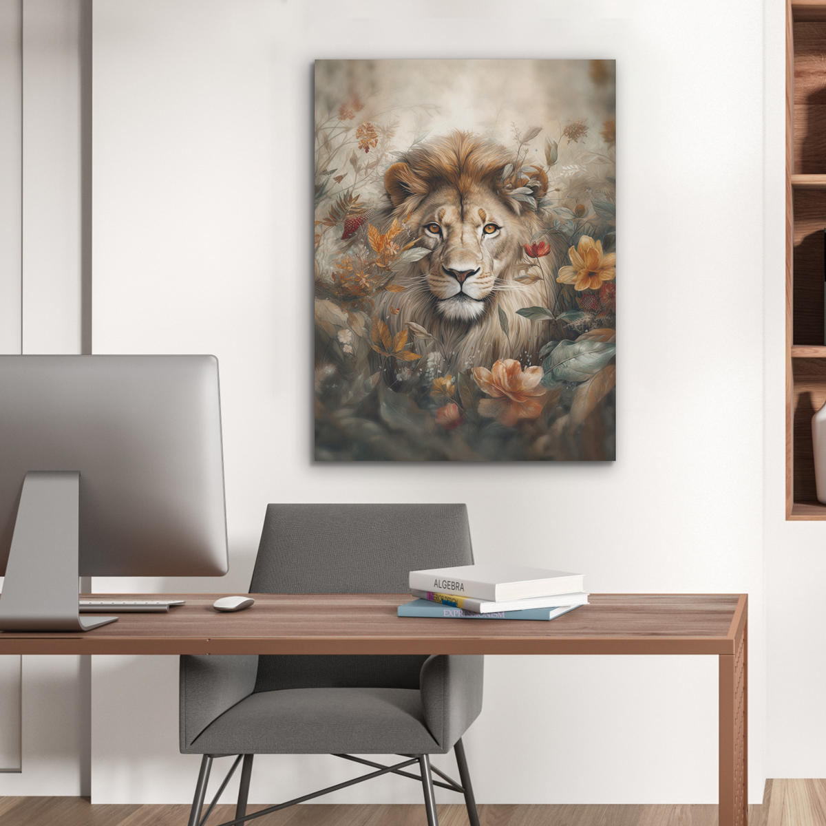 AKUSTIKPANEEL Löwe - Wildtiere - Pflanzen - Natur - Blumen 60x80 cm - Beige, Textil (60/0.9/80cm) - MuchoWow
