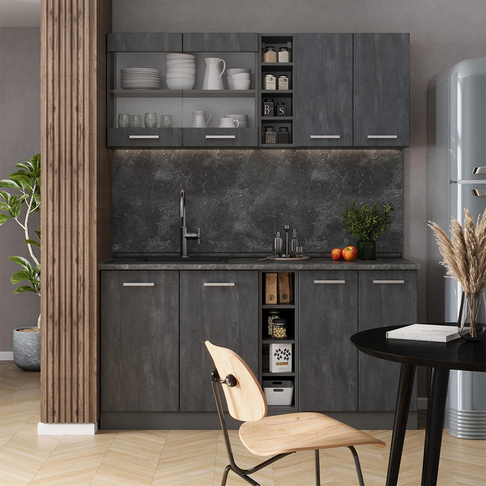 SINGLEKÜCHE R-Line Schwarz Beton/Anthrazit 160 cm AP Eiche - Anthrazit/Schwarz, Holzwerkstoff (160/81.6/60cm) - Vicco