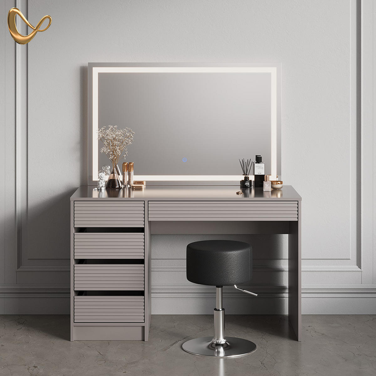 SCHMINKTISCH Imola Cashmere mit LED-Spiegel und Hocker - Kaschmir, Holzwerkstoff (120/75/55cm) - Livinity®
