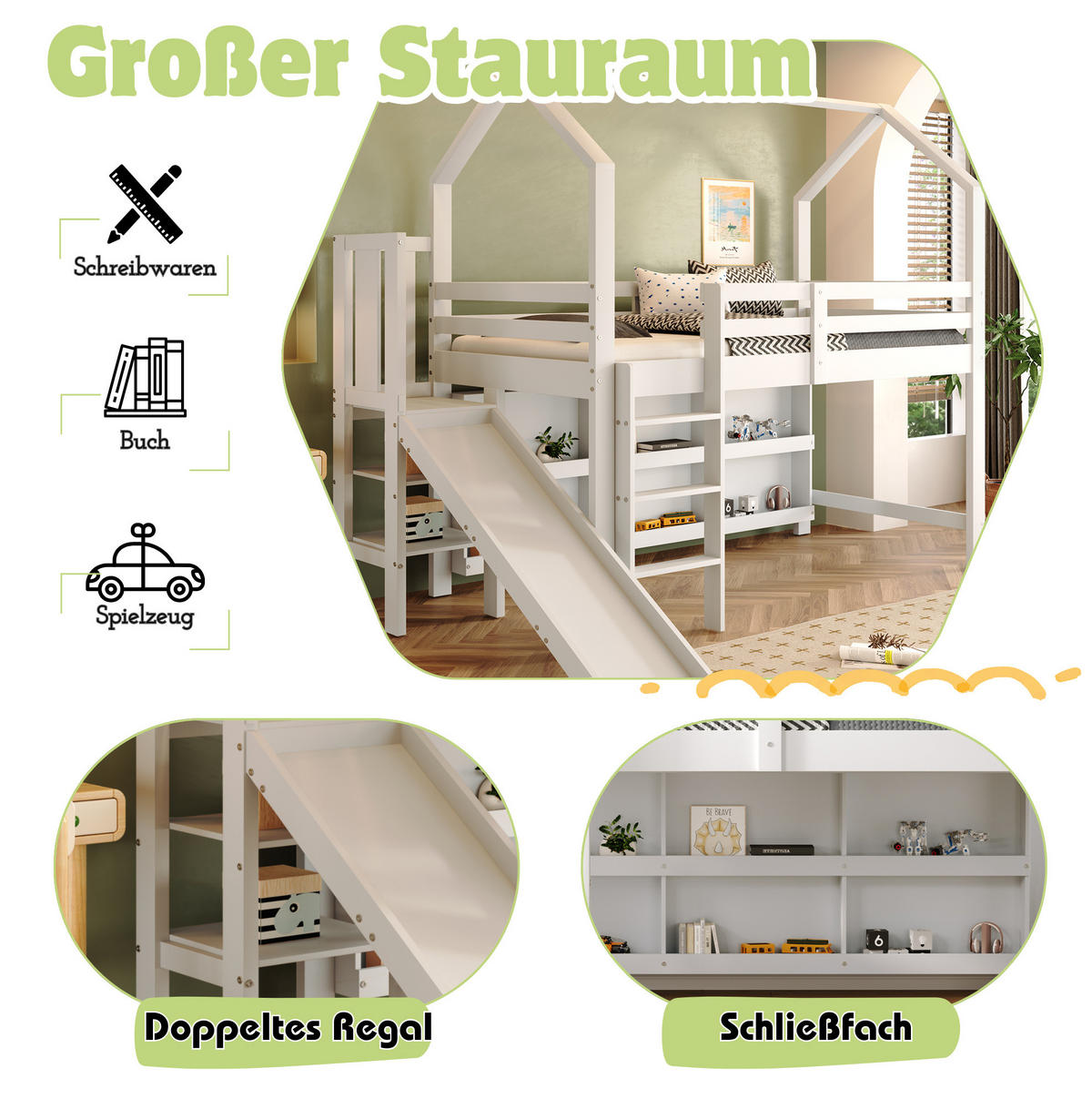 KINDERBETT 90/200 cm Weiß mit Rutsche und Stauraum aus Massivholz - Weiß, Holzwerkstoff (90/200cm) - Flora Grace