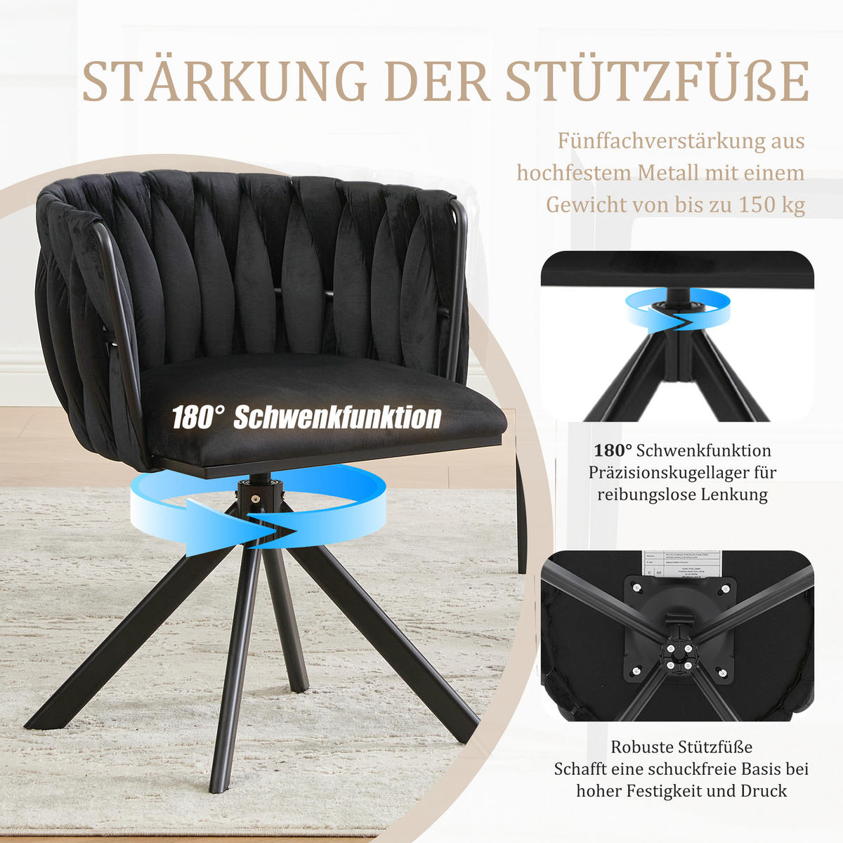 ARMLEHNSTUHL(SET à 2 Stück) - Metallgestell, ergonomisches Design und hochwertiger Velours - Schwarz - Schwarz, Textil/Metall (50/70/56cm) - KOMHTOM