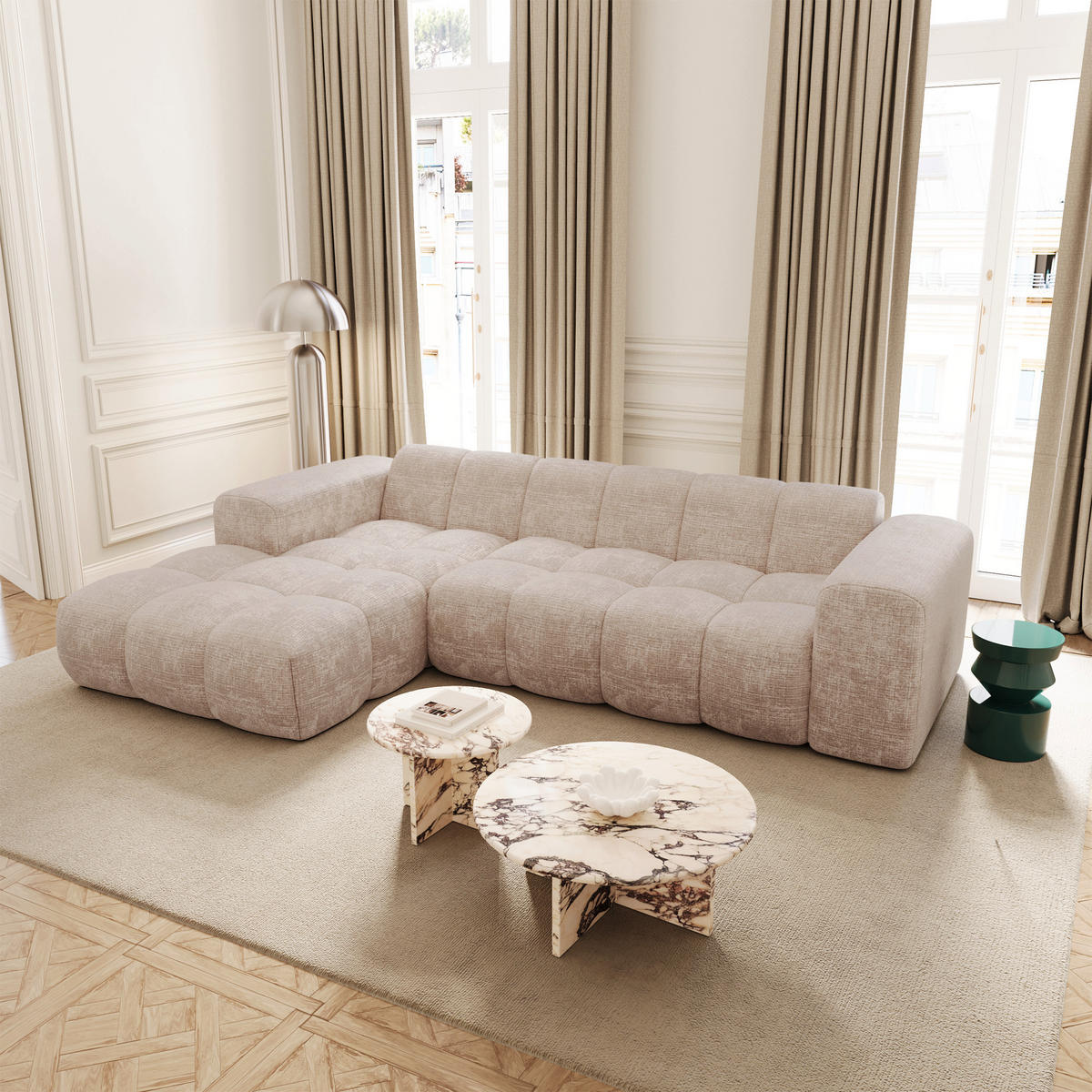 ECKSOFA (links) BLOOM Geprägter Samt Beige 290cm - Beige, Textil (290/164cm) - Premium Interiors