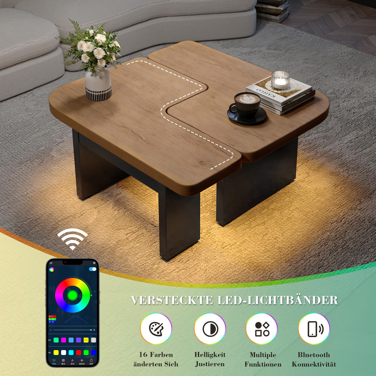 COUCHTISCH 90/60 cm mit LED-Beleuchtung und 2 Schubladen - Naturfarben, Holzwerkstoff (90/60/44.5cm) - BEAOK