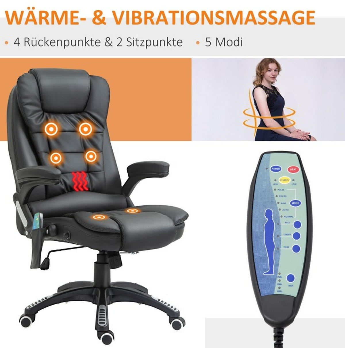 BÜROSTUHL mit Massagefunktion höhenverstellbar Kunstleder Black - Schwarz, Metall (70/121/70cm) - Meubliv