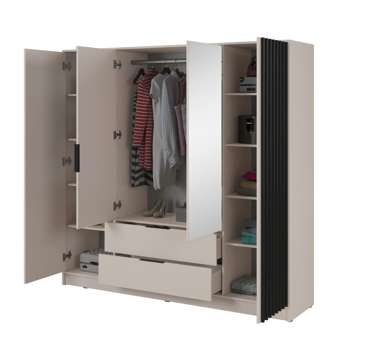 KLEIDERSCHRANK Stilo in Kaschmir, vier Türen, mit Spiegel und Lamellen an der Front - Kaschmir/Schwarz, Holzwerkstoff/Kunststoff (206/200/51cm) - Ravio