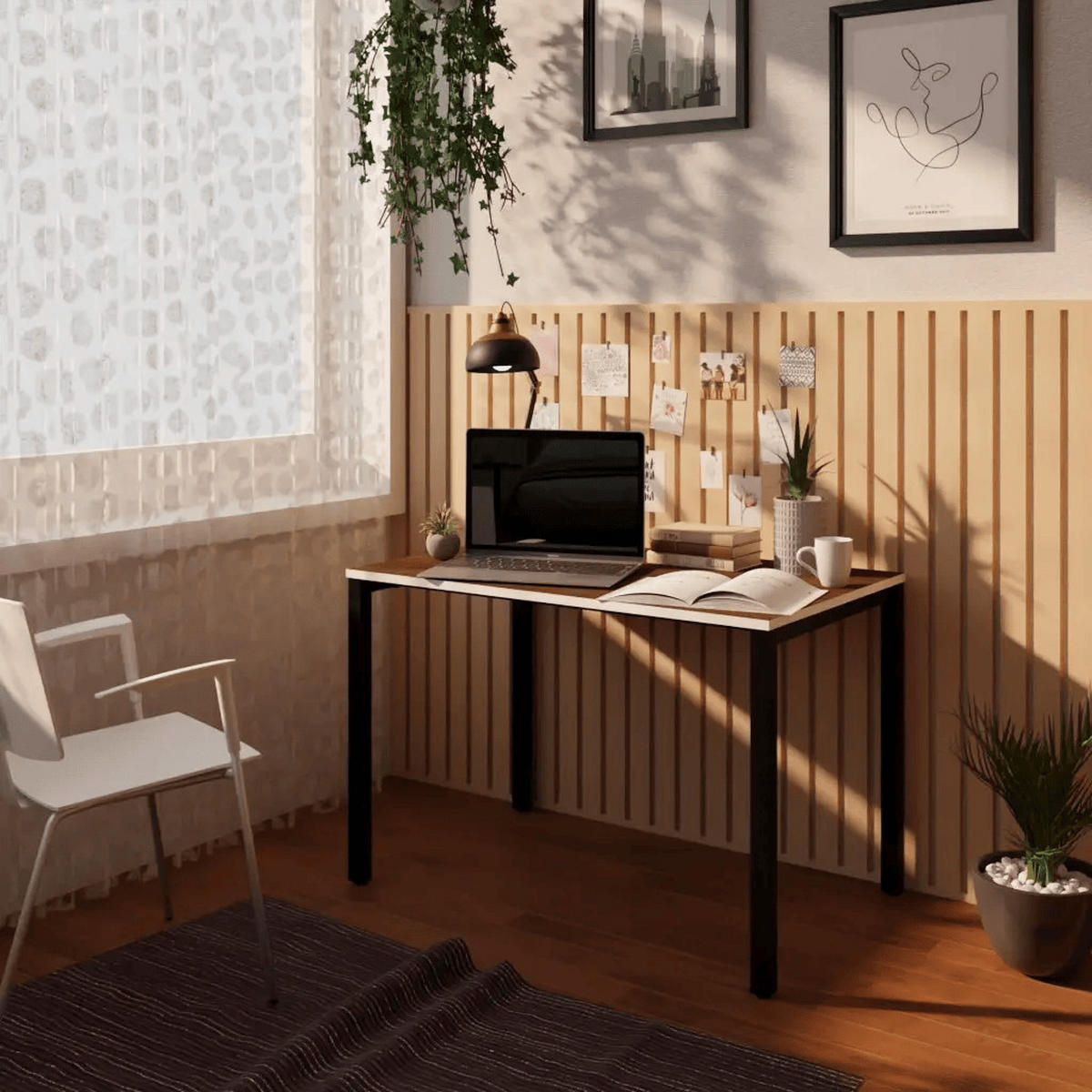 SCHREIBTISCH Coeu 110x70 cm – Weiß mit Eiche Weiß Dekor - Schwarz, Holzwerkstoff (70/110/74cm) - Letti Moderni