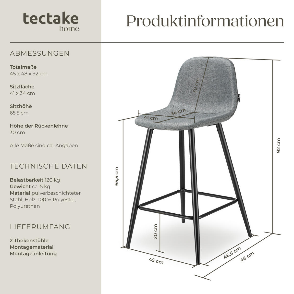 THEKENSTUHL Willow,45 x 48 x 92 cm, Belastbarkeit 120 kg,dunkelgrau/schwarz - Dunkelgrau/Schwarz, Kunststoff (45/92/48cm) - tectake