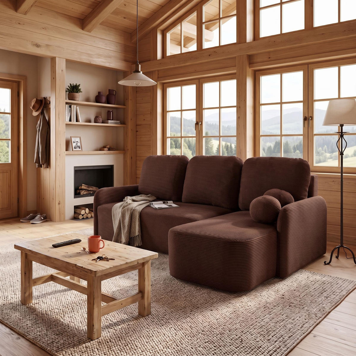 ECKSOFA CASPER L Rechts mit Schlaffunktion 132x198 Cord Dunkelbraun - Dunkelbraun/Schwarz, Holz/Kunststoff (145/217cm) - NACANAPA