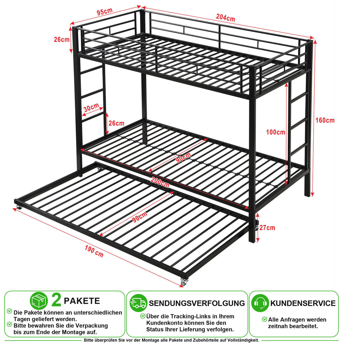ETAGENBETT 90/200 cm & 90/190 cm in Schwarz mit Ausziehbett und Sicherheitsgeländer - Schwarz, Metall (90/200cm) - CHICFURN
