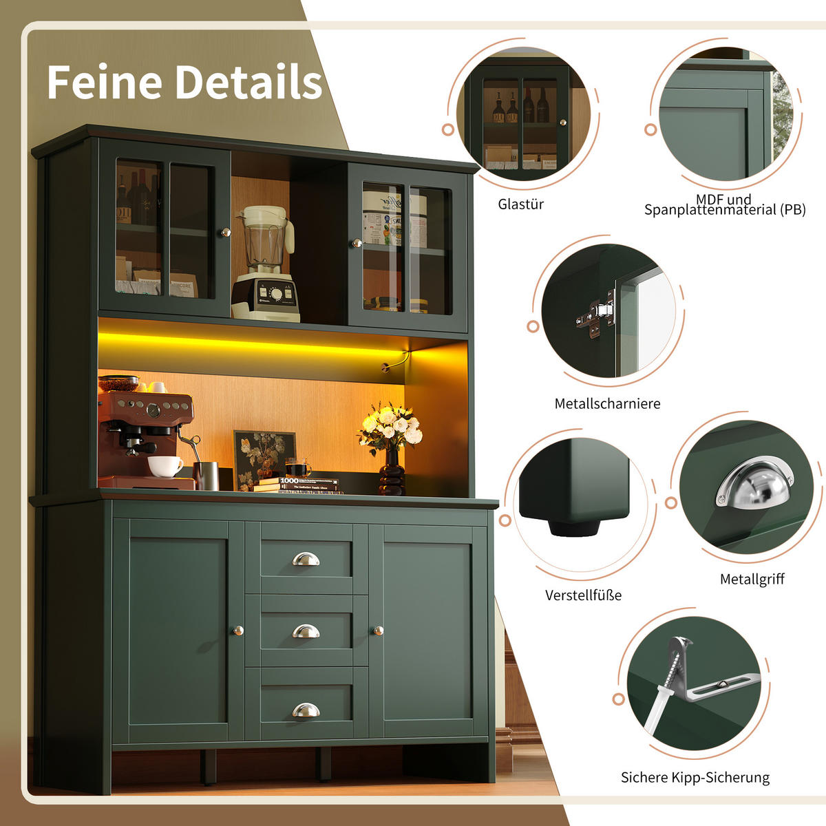 BUFFET 120/40/179 cm grün aus MDF mit LED-Beleuchtung - Grün, Holzwerkstoff (120/179/40cm) - OKWISH