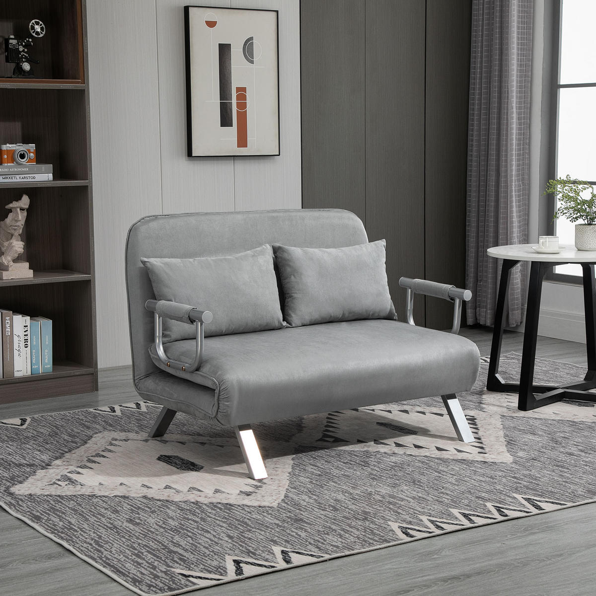 SCHLAFSOFA Zweisitzer mit Bettfunktion, Einzelbett mit Kissen, Samt, Hellgrau - Silberfarben/Hellgrau, Textil/Metall (80/78/111cm) - HOMCOM