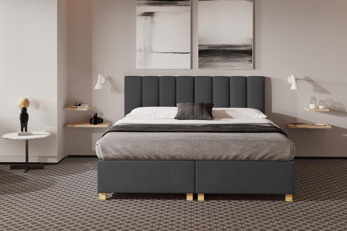 HOTELBETT EUROPA 90x200 cm, Mobil Bett auf Rollen & Koppelbar mit Bonell Matratze, 1 Stück, Dunkelgrau - Dunkelgrau, Holz/Buchenholz (90/200cm) - Trada