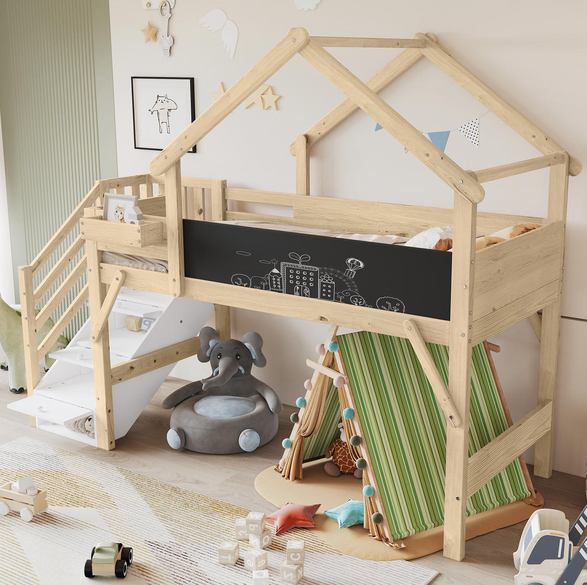 ETAGENBETT 90/200 cm in Weiß/Natur mit Tafel, Stauraumtreppe und Dachdesign - Weiß, Holzwerkstoff (90/200cm) - OKMYHOME