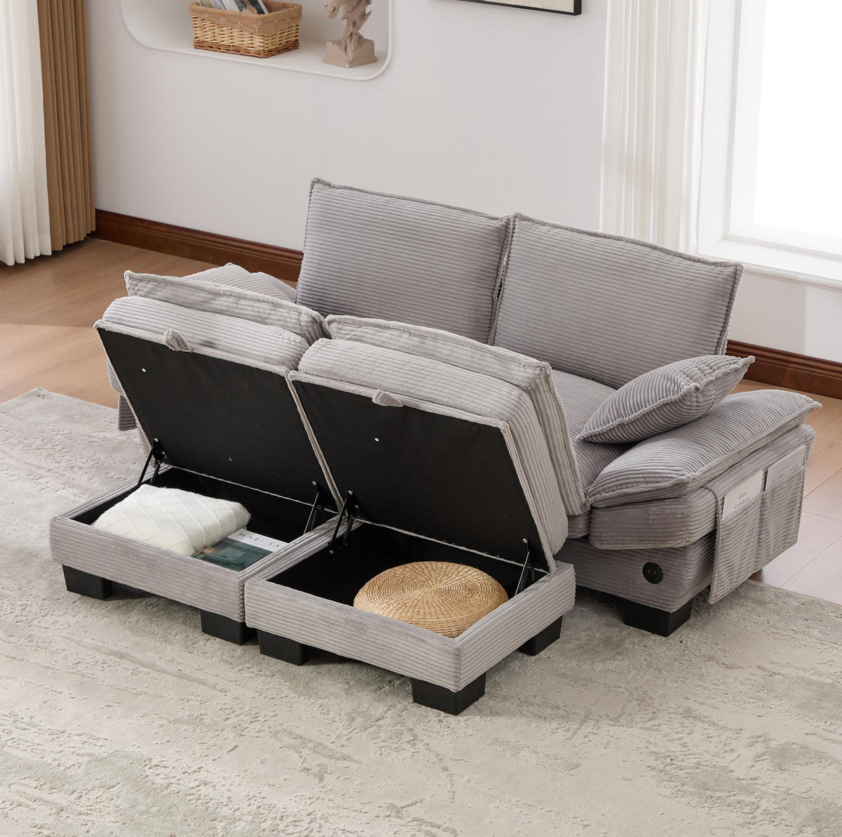 SOFA modular 2-Sitzer mit 2 Hockern Corduroy Light Gray - Hellgrau, Holzwerkstoff (132/84/190cm) - Meubliv