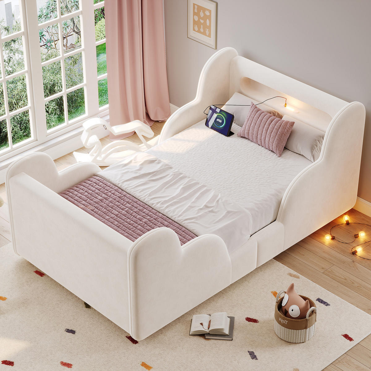 KINDERBETT Beige Samt 90x200 Schutzgeländer Massivholz - Beige, Textil (90/200cm) - FLIEKS