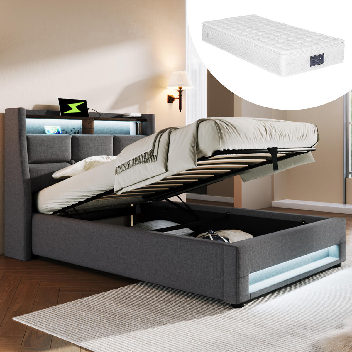 POLSTERBETT aus Leinen 90x200 cm Grau mit Bettkasten, LED-Beleuchtung und 2 USB-Anschlüssen - Grau, Textil (90/200cm) - IVMEU