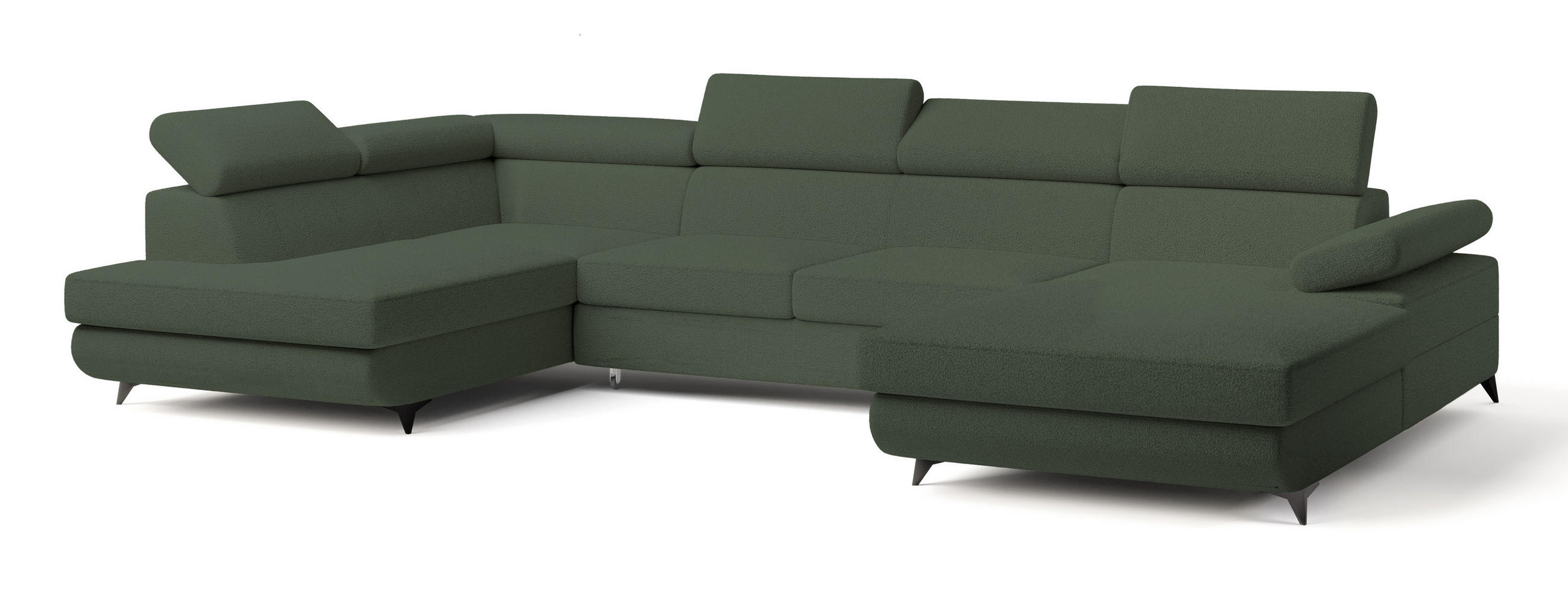 WOHNLANDSCHAFT RUBANO L-S Grün Boucle-Stoff mit Schlaffunktion - Grün, Holz (339/89/190cm) - MASSENO