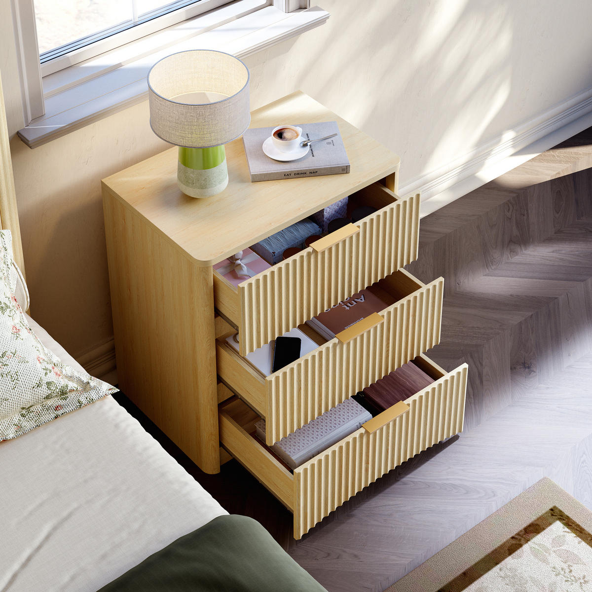 NACHTTISCH 38/58/64 cm Eiche aus MDF mit 3 Schubladen - Braun, Holzwerkstoff (38/64/58cm) - OKWISH