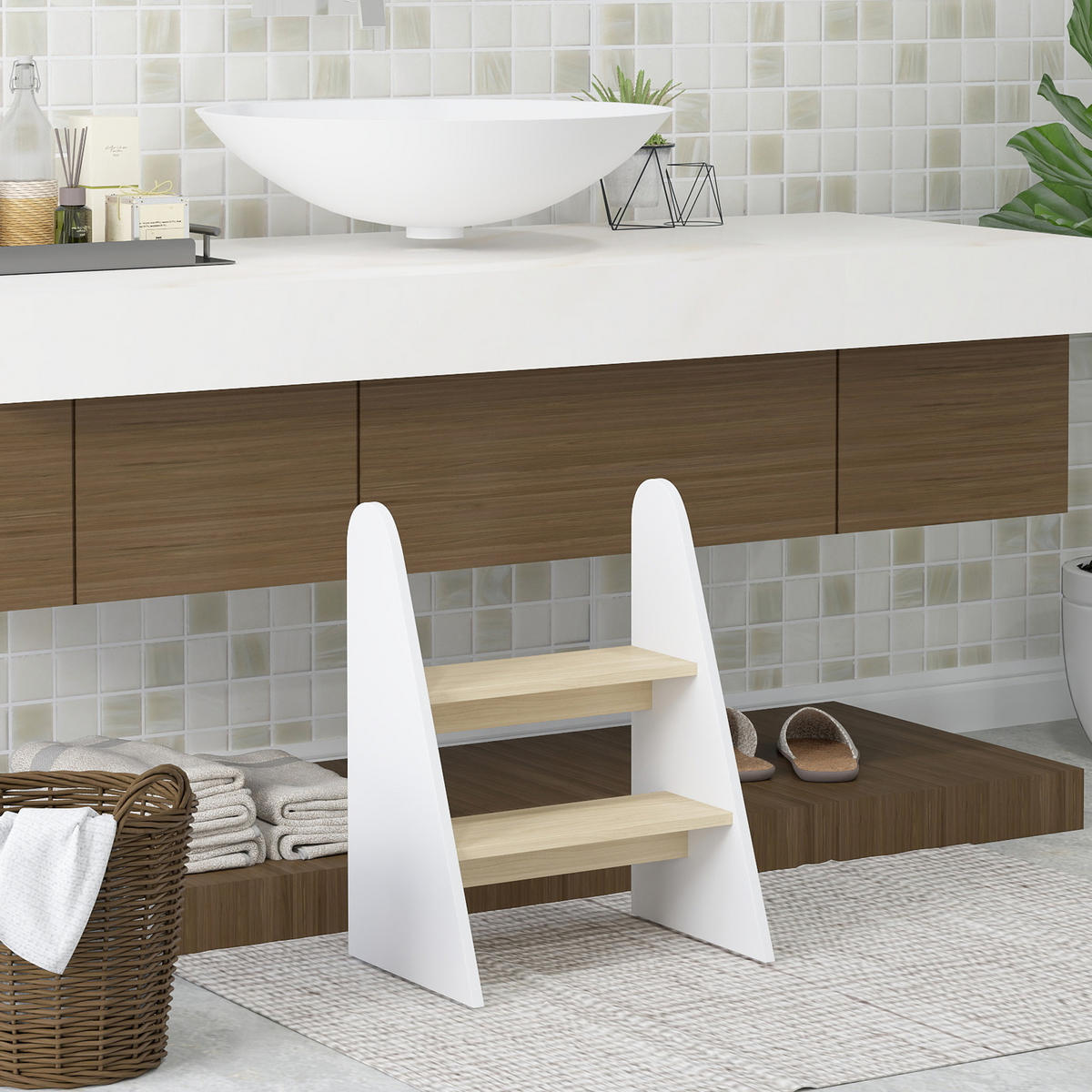 KINDERTRITTHOCKER DE-17238 2-stufig, rutschfest Weiß - Weiß, Naturmaterialien (30/55/43cm) - ComfortXL