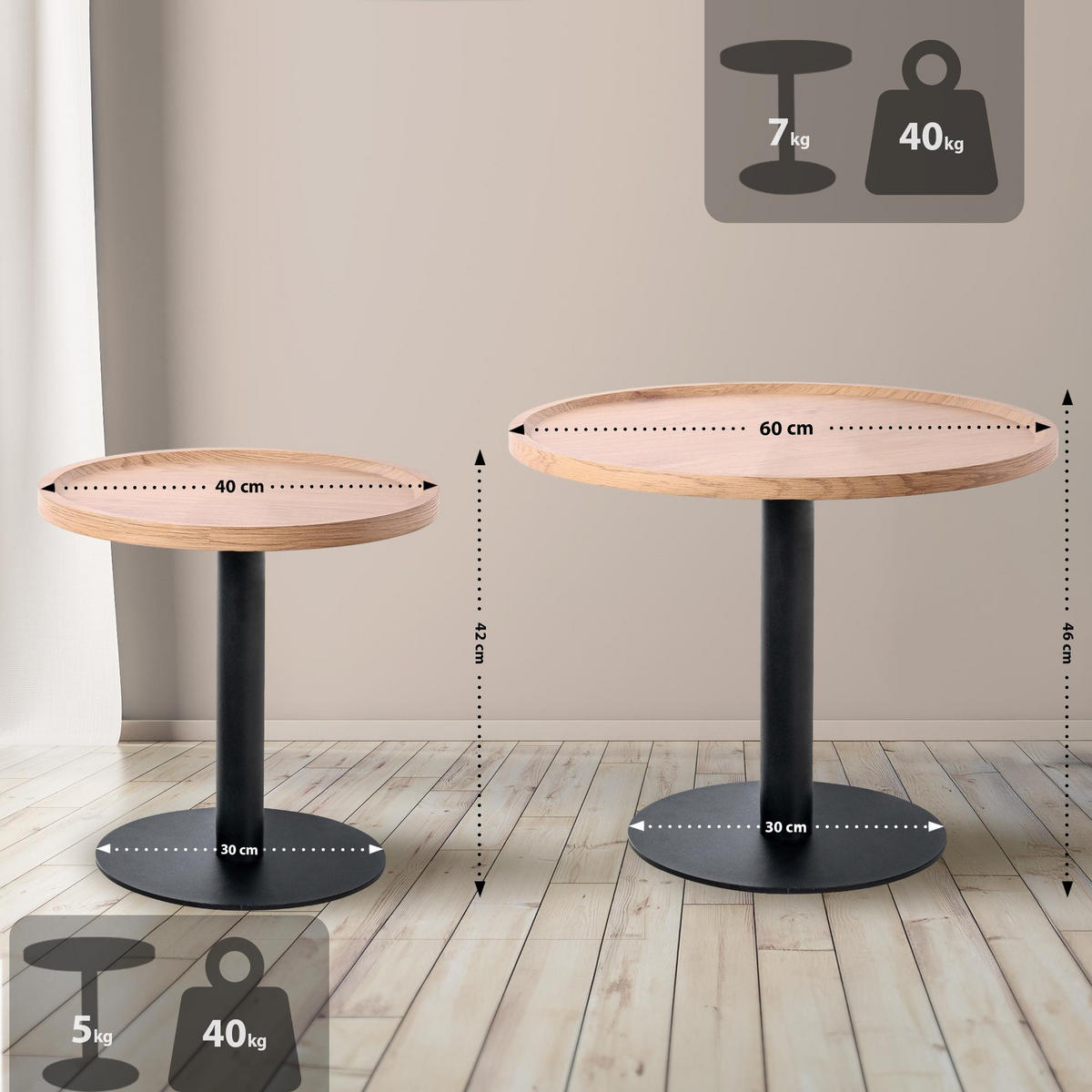 BEISTELLTISCH Kombi Set Holz Natura - Eukalyptusholzfarben/Schwarz, Holz/Metall (40/40/42cm) - CLP