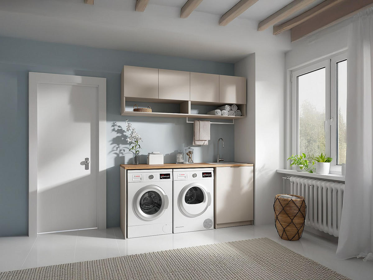 WASCHKÜCHENMÖBEL für Waschmaschine mit Arbeitsplatte - 182 cm - Cashmere & Holzfarben hell - NATAJI - Beige, Holz (182/88/60cm) - Vente-Unique