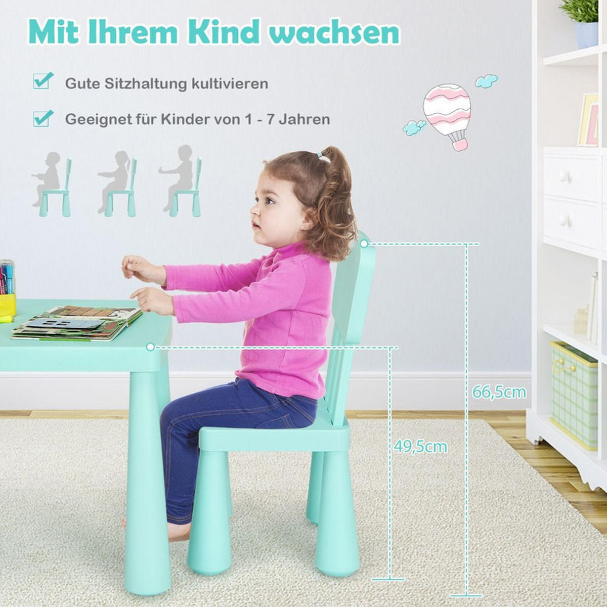 KINDERTISCH mit 2 Stühlen grün(3-tlg) - Grün, Kunststoff (76.5/49.5/54.5cm) - COSTWAY
