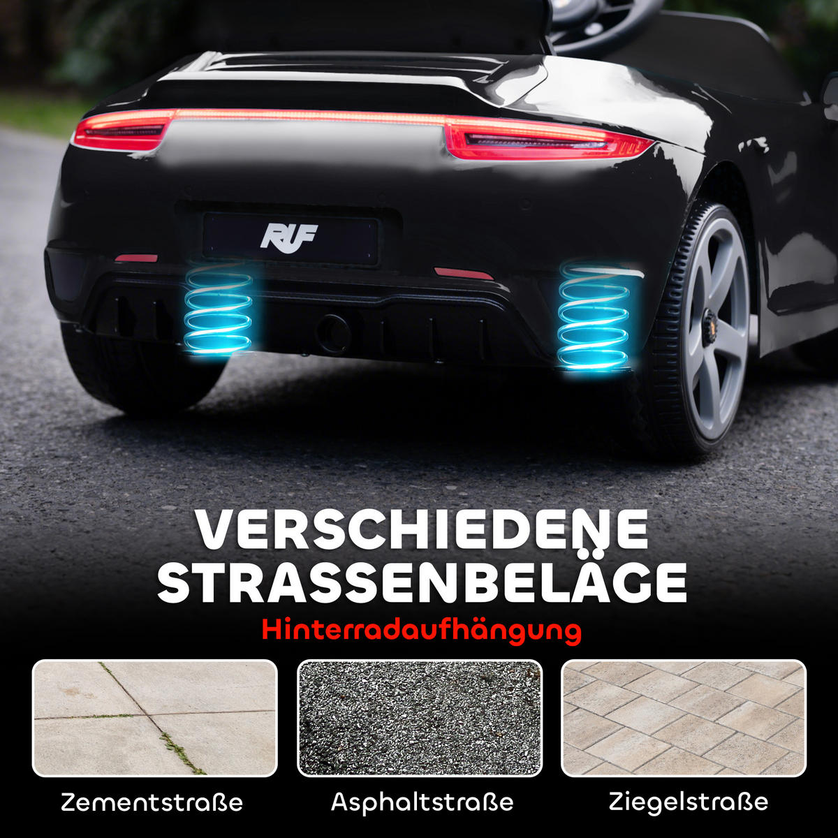 AUFSITZAUTO DE-06174 RUF GT lizenziert mit Fernbedienung Schwarz - Schwarz, Kunststoff/Metall (108/65.5/47cm) - ComfortXL