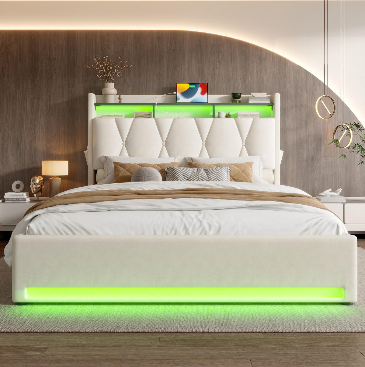 ČALOUNĚNÁ postel 140/200 cm se sametem, LED osvětlením, USB-C a úložným prostorem, Béžová - béžová, textil (140/200cm) - Redom