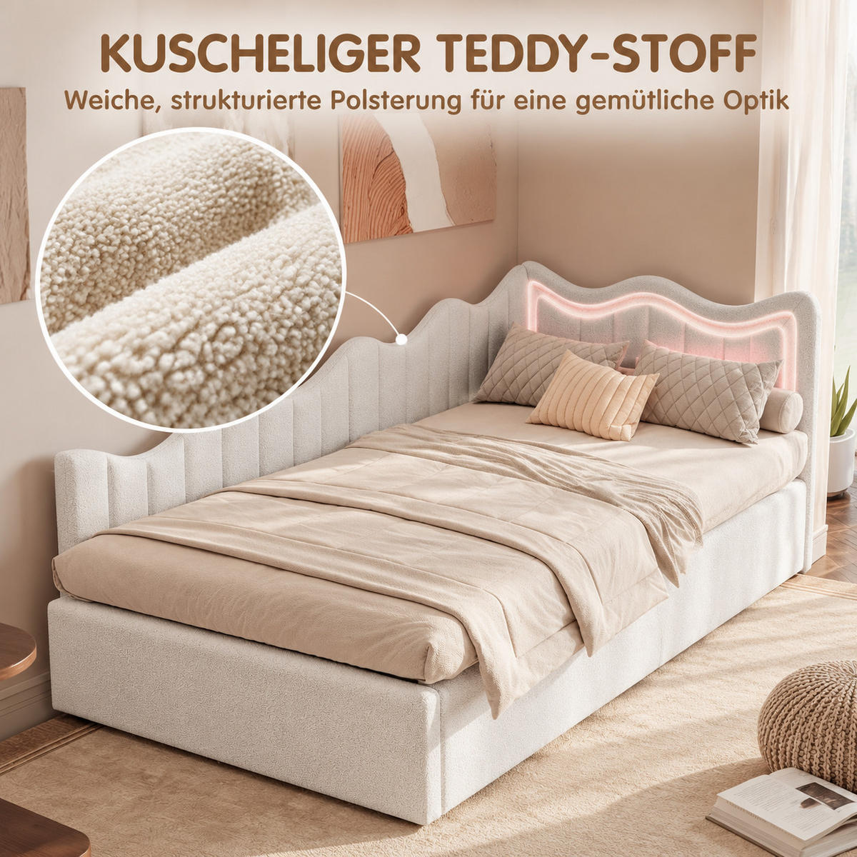 SCHLAFSOFA Teddy-Fleece mit LED-Beleuchtung und Aufbewahrungsraum - Weiß, Metall (97/75/213cm) - Joyfair