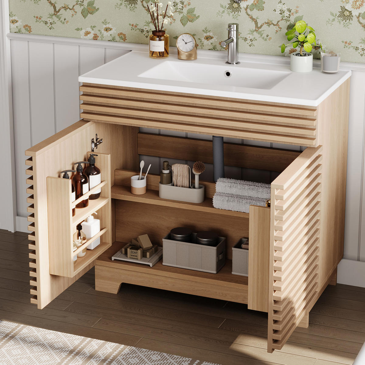 WASCHTISCHKOMBI 91/46/80 cm Natürlich mit 2 Schranktüren, ohne Wasserhahn - Naturfarben, Holz/Holzwerkstoff (46/80/91cm) - Oxeza