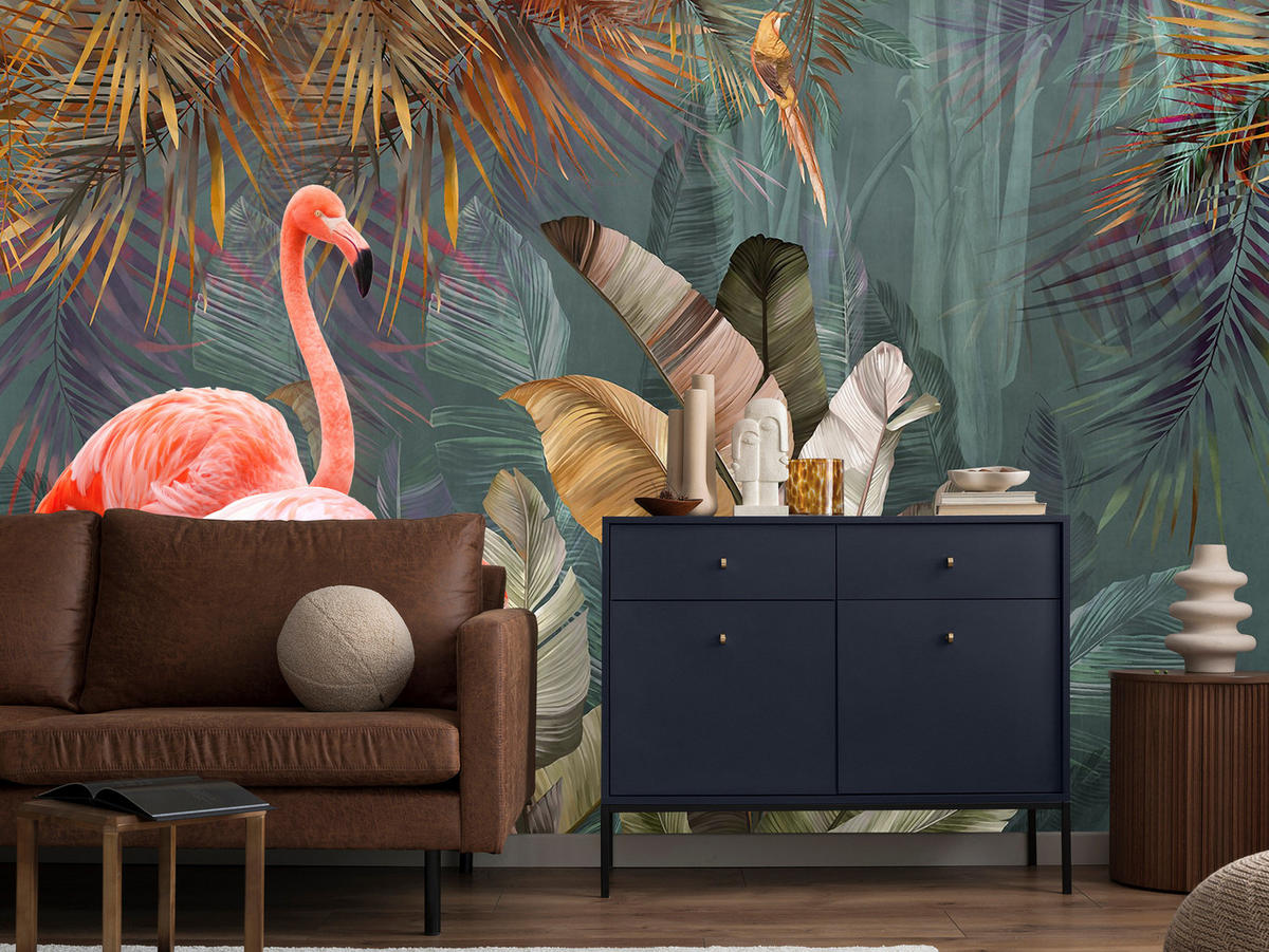 FOTOTAPETE für Wohnzimmer Flamingos Dschungel Blätter Tropisch 450x315 - Multicolor, Papier (450/315cm) - Muralo