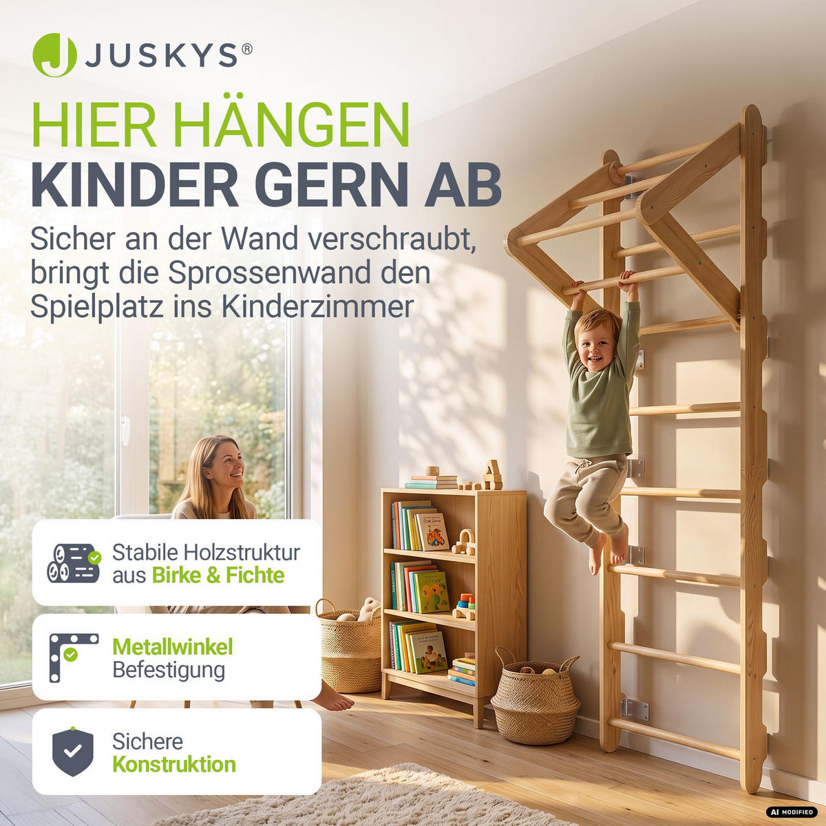 SPROSSENWAND für Kinder mit Turnringen - Naturfarben, Holz (62/57cm) - Juskys
