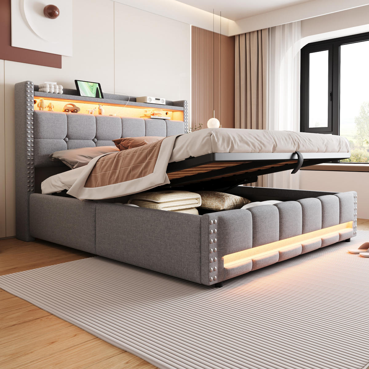 POLSTERBETT 160/200 cm hellgrau mit LED-Beleuchtung und USB-Steckdose - Hellgrau, Textil (160/200cm) - OKWISH