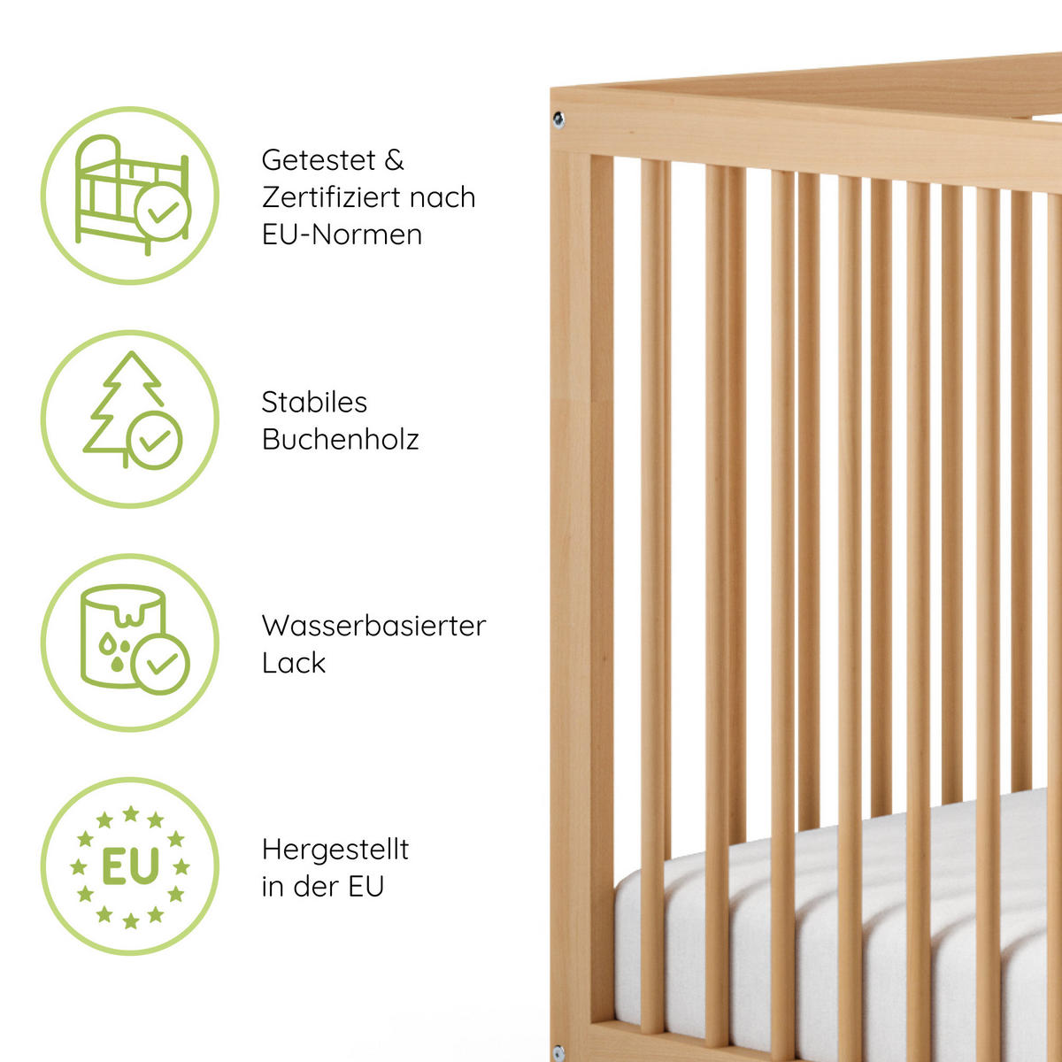 BABYBETT mit Matratze 60x120 cm in Weiß - Naturfarben, Holz (60/120cm) - Kids Collective