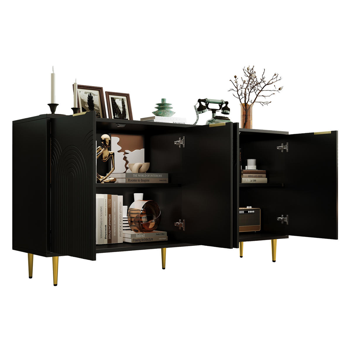 SIDEBOARD 160/40/80 cm mit 4 Türen, Soft-Close und viel Stauraum in Schwarz - Schwarz, Holzwerkstoff (160/80/40cm) - BEAOK