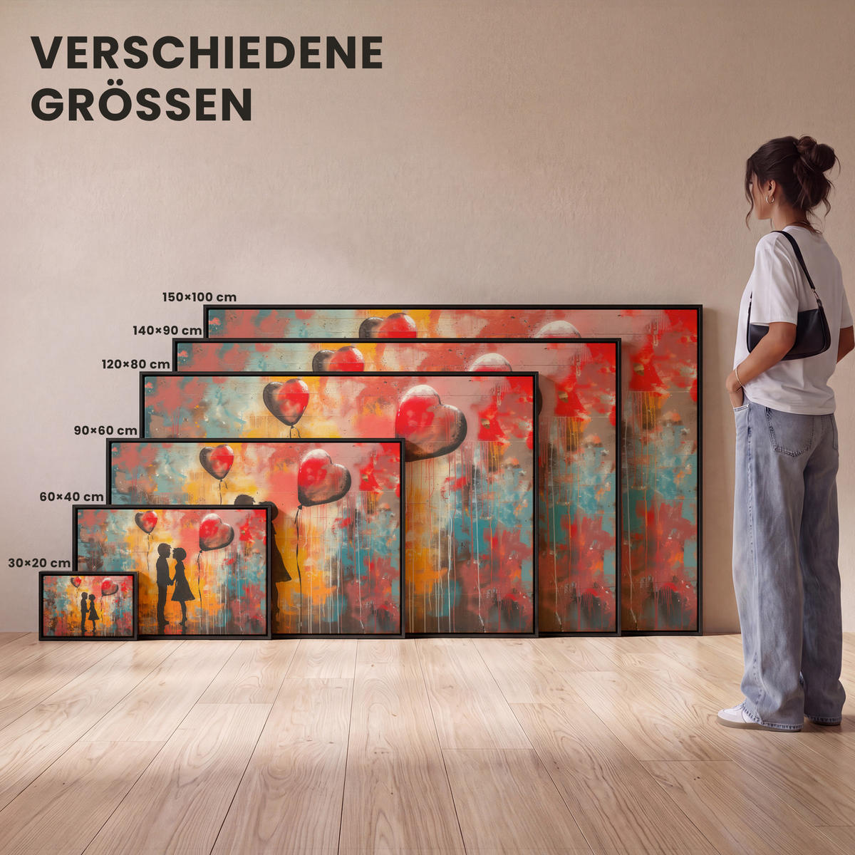 LEINWAND Bilder mit Rahmen - Straßenkunst - Liebe - Graffiti - Kunst - Banksy - 120x80 - Orange, Textil (120/80cm) - MuchoWow