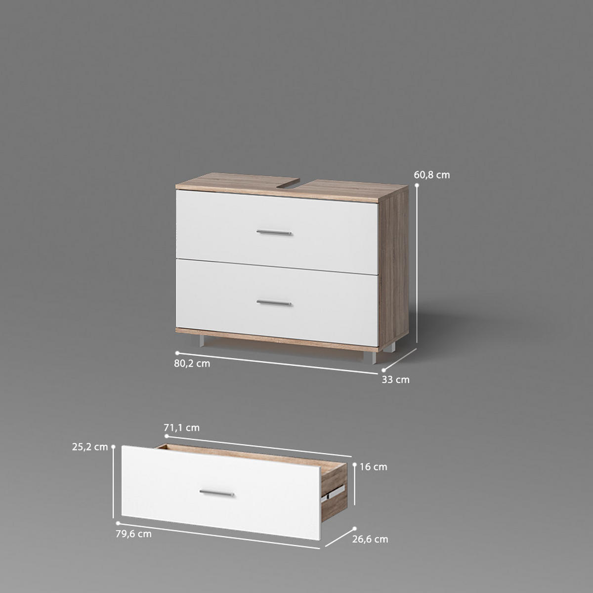 WASCHBECKENUNTERSCHRANK Eisak Weiß/Sonoma 80 x 60.8 cm - Weiß/Sonoma Eiche, Holzwerkstoff (80/60.8/33cm) - Livinity®