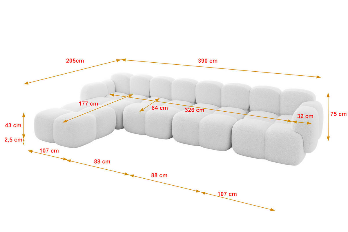 ECKSOFA modulares Sofa Links Miko-L3 390x205x75 Weiß Bouclé - Schwarz/Weiß, Holzwerkstoff/Kunststoff (390/205cm) - ALTDECOR