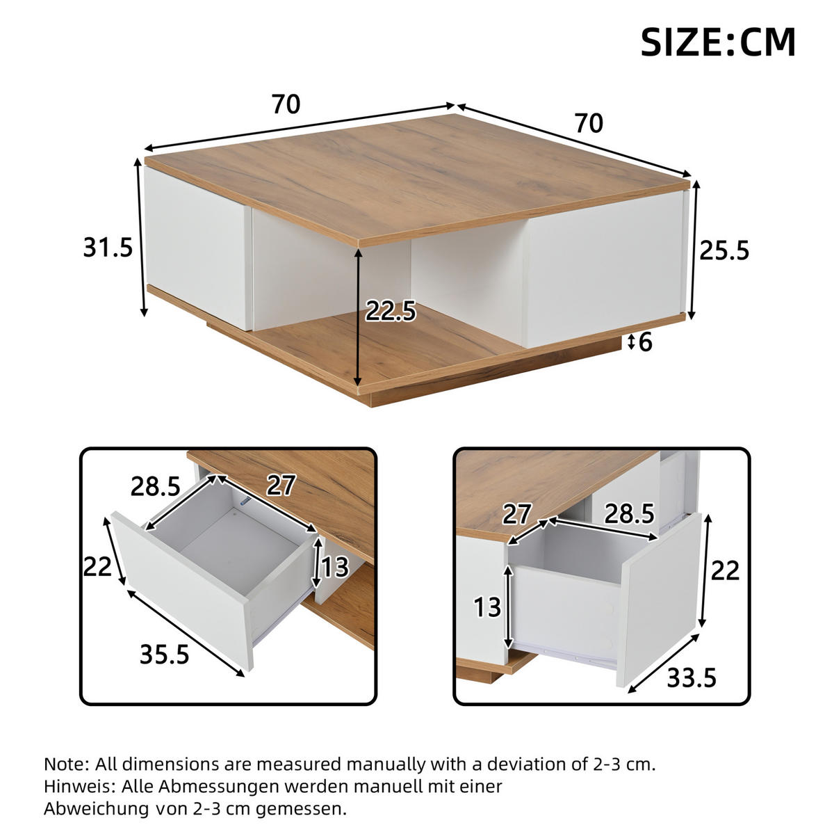 COUCHTISCH 70/70 cm mit 3 Schubladen und Ablagefach in Weiß/Walnuss - Walnussfarben, Holzwerkstoff (70/70/31.5cm) - BEAOK