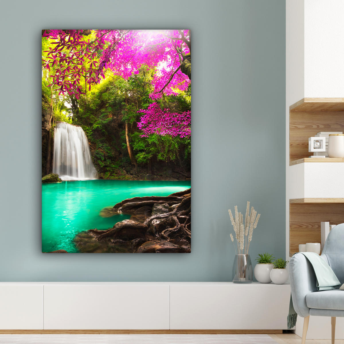 LEINWANDBILD Wasserfall mit bunten Blumen und Bäumen - Natur - Dschungel 90x140 cm - Waldgrün, Textil (90/140cm) - MuchoWow