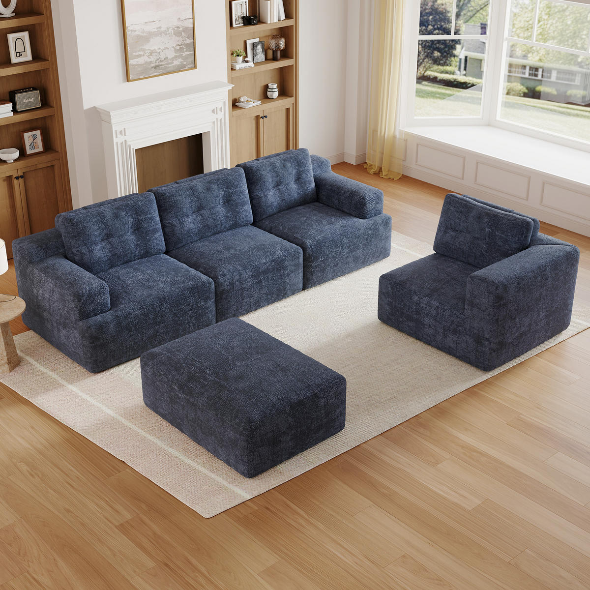 WOHNLANDSCHAFT 252/180/82 cm Blue mit 1 Fußhocker - Blau, Textil (252/82/180cm) - Oxeza
