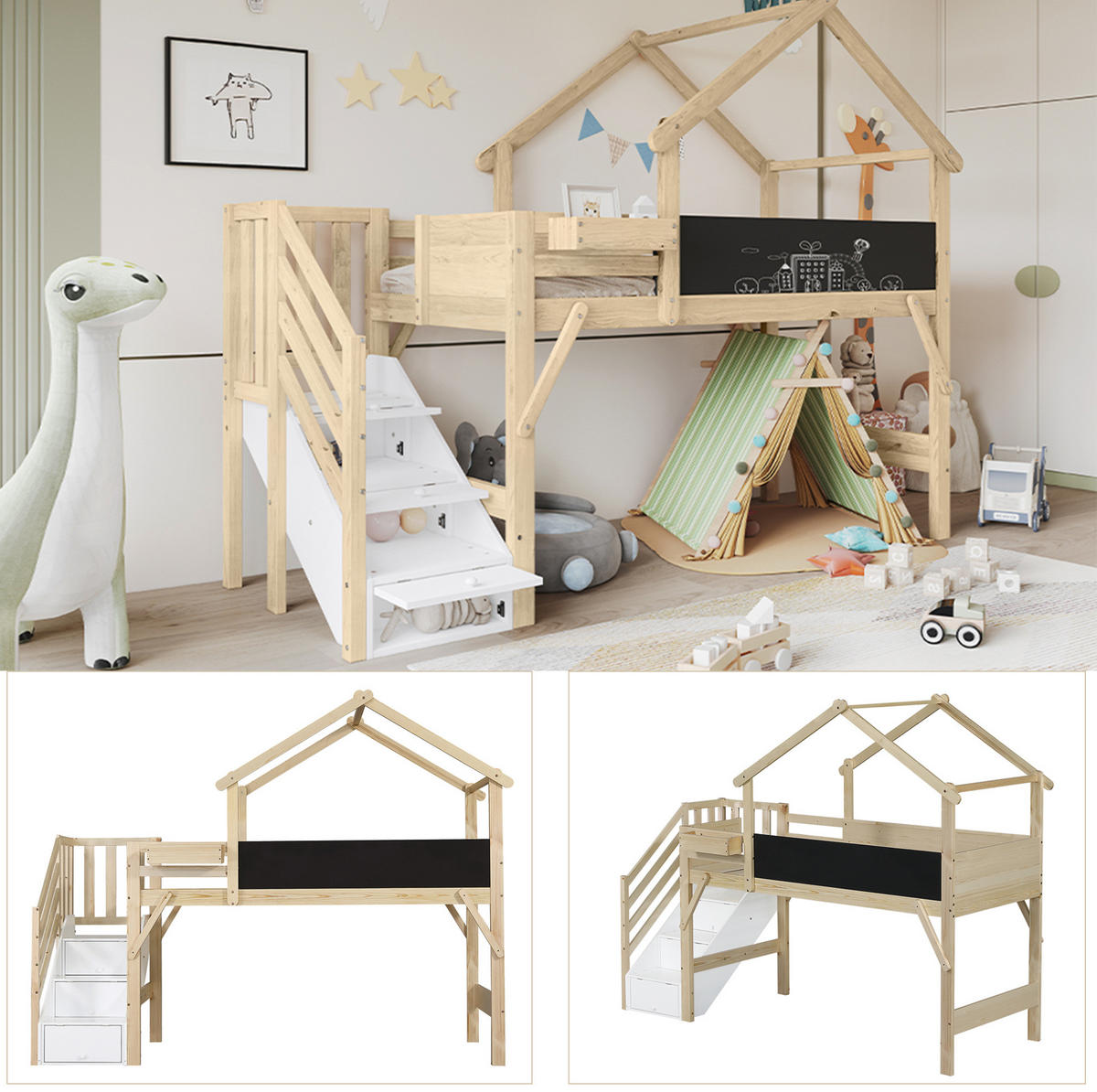 ETAGENBETT 90/200 cm in Weiß/Natur mit Tafel, Stauraumtreppe und Dachdesign - Weiß, Holzwerkstoff (90/200cm) - OKMYHOME