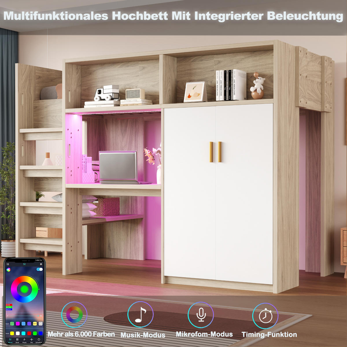 HOCHBETT 90x200 Holz Schreibtisch Schrank LED - Naturfarben, Holzwerkstoff (90/200cm) - FLIEKS