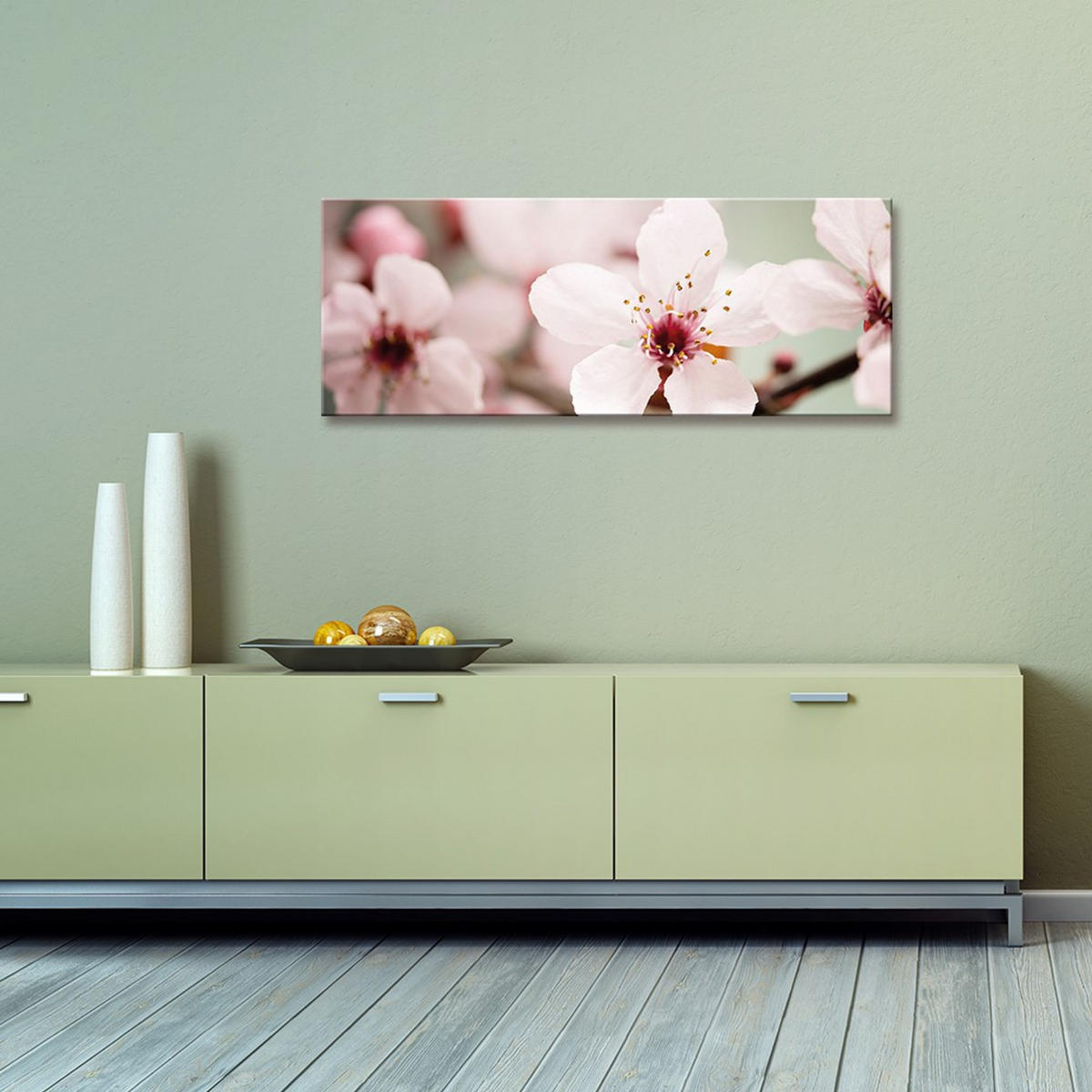 GLASBILD 80x30 cm Kirschblüte Salbei Grün - Beige, Glas (80/30cm) - artissimo