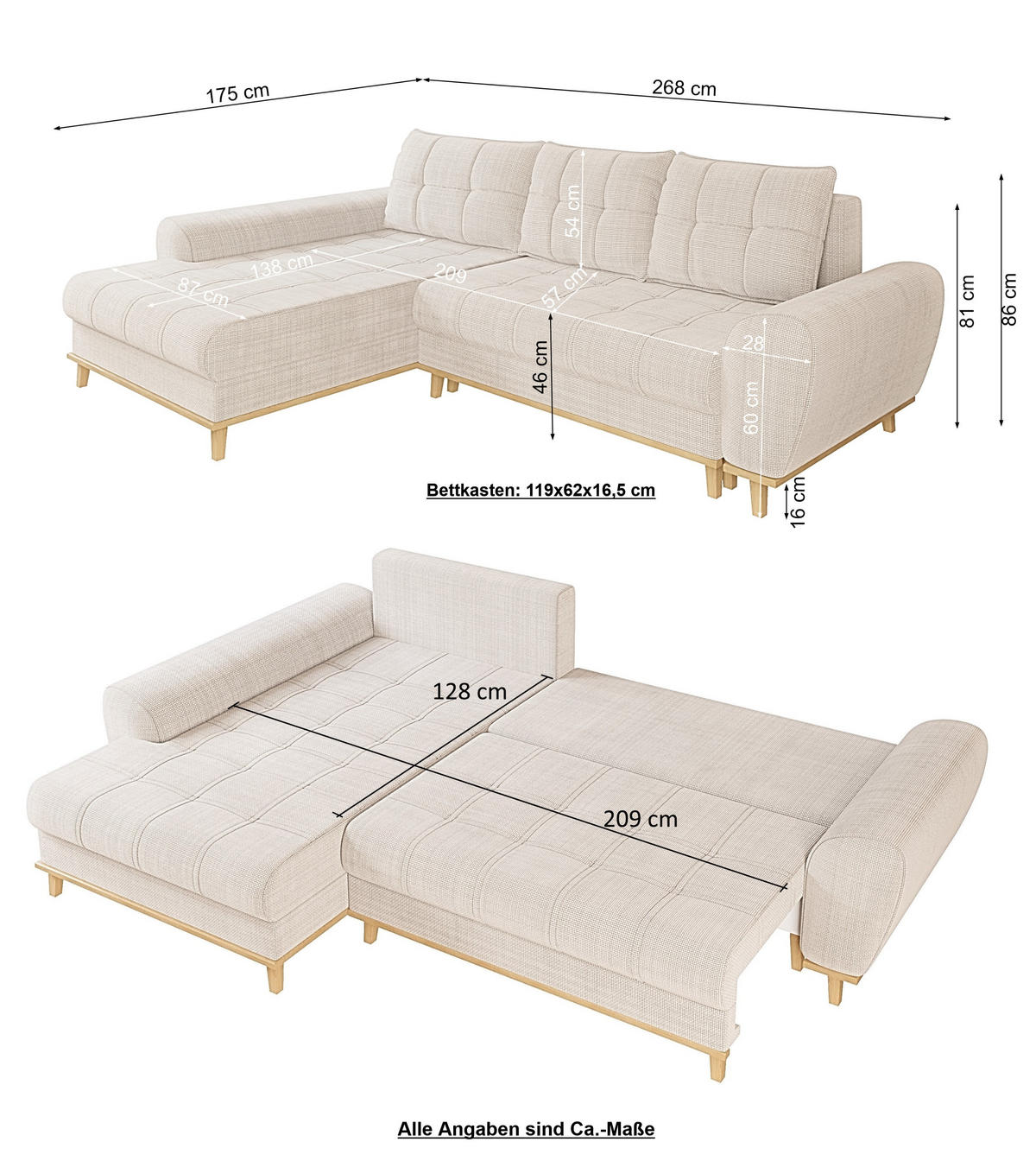 ECKSOFA im Scandi-Stil, Schlaffunktion, Bettkasten B268/T175/H86 cm, Ottomane links, Liegefl. 128x209 cm, Bouclé Chenille Stoff in Beige / 21014 - Eichefarben/Beige, Holz/Textil (268/175cm) - luma-home